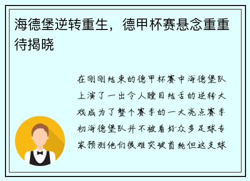 海德堡逆转重生，德甲杯赛悬念重重待揭晓